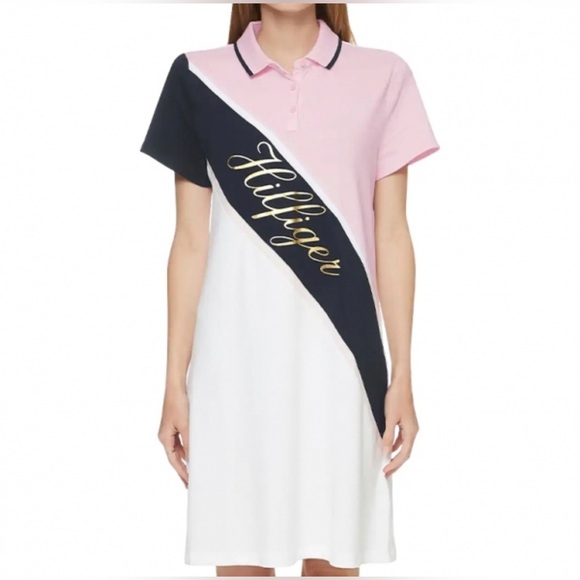 Tommy Hilfiger Banner Stripe Gold Script Logo Polo Shirt Mini Dress Size S - Picture 1 of 11